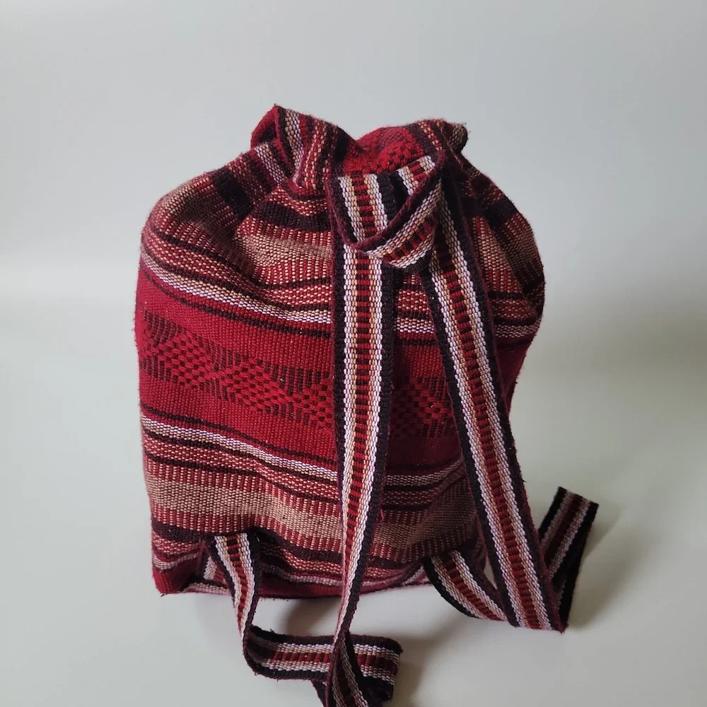 Pinzon Hippie Gear Backpack Burgundy Stripe Woven Textile Mexican Bag Bohemian
